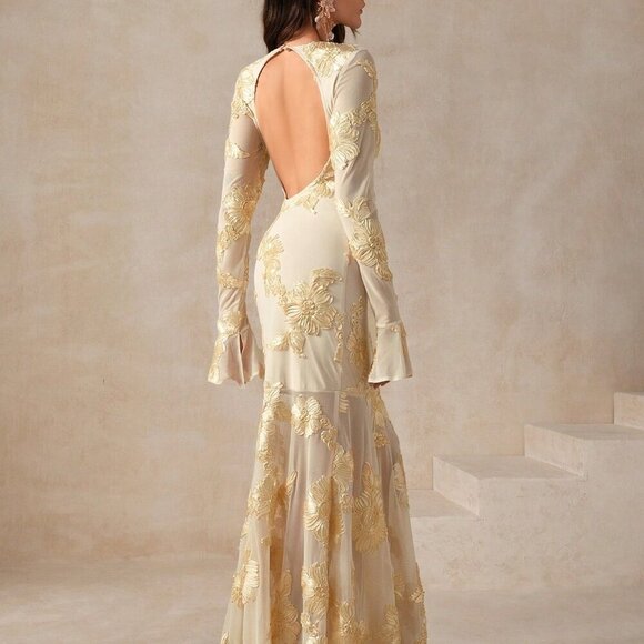 Apricot Elegant Women's Floral Embroidered Backless Fishtail Dress - Picture 2 of 6